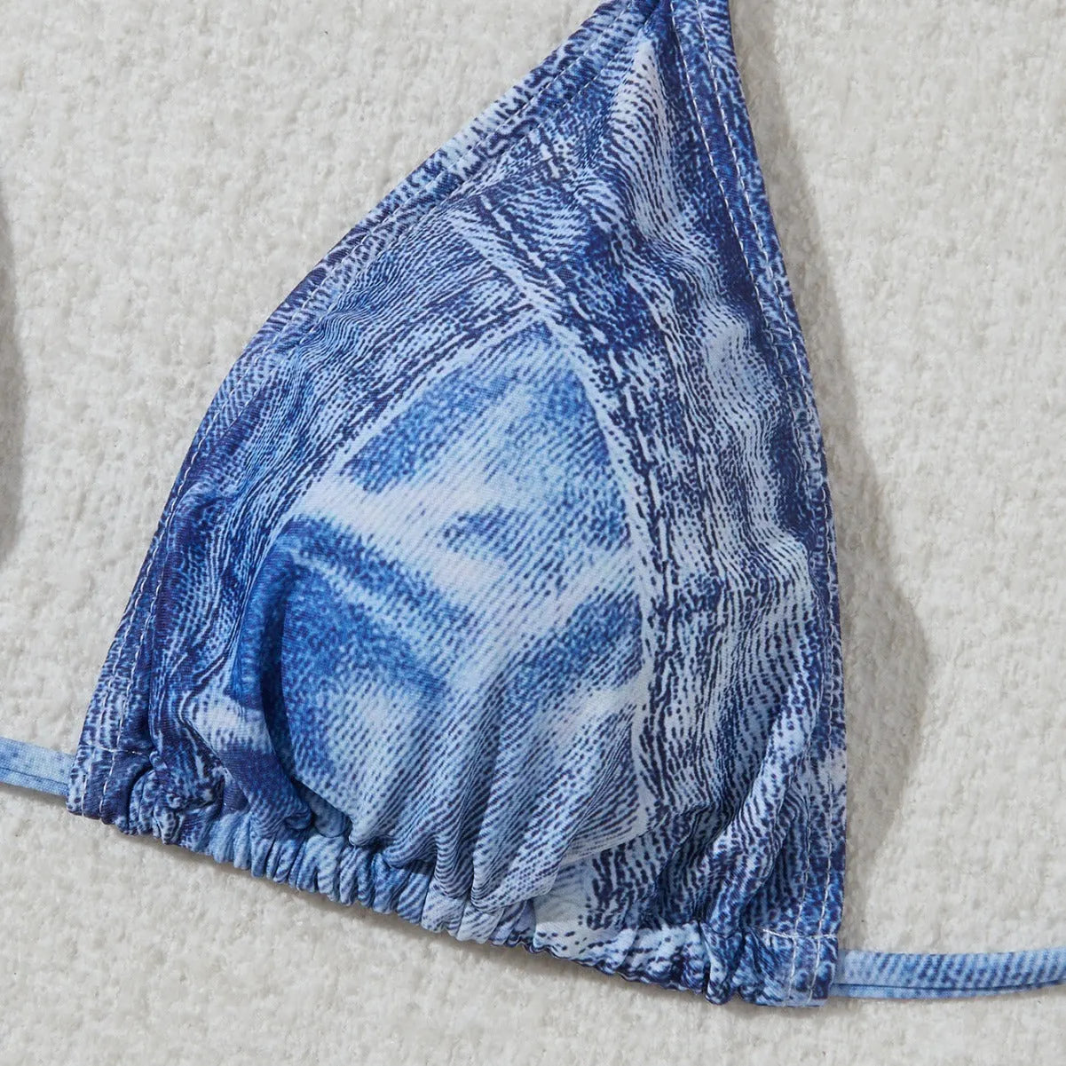 Women's denim blue printed two-piece bikini set with adjustable straps in nylon spandex fabric