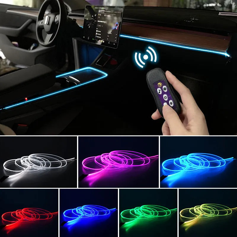 Car interior LED atmosphere lighting strip installed along dashboard with colour changing illumination