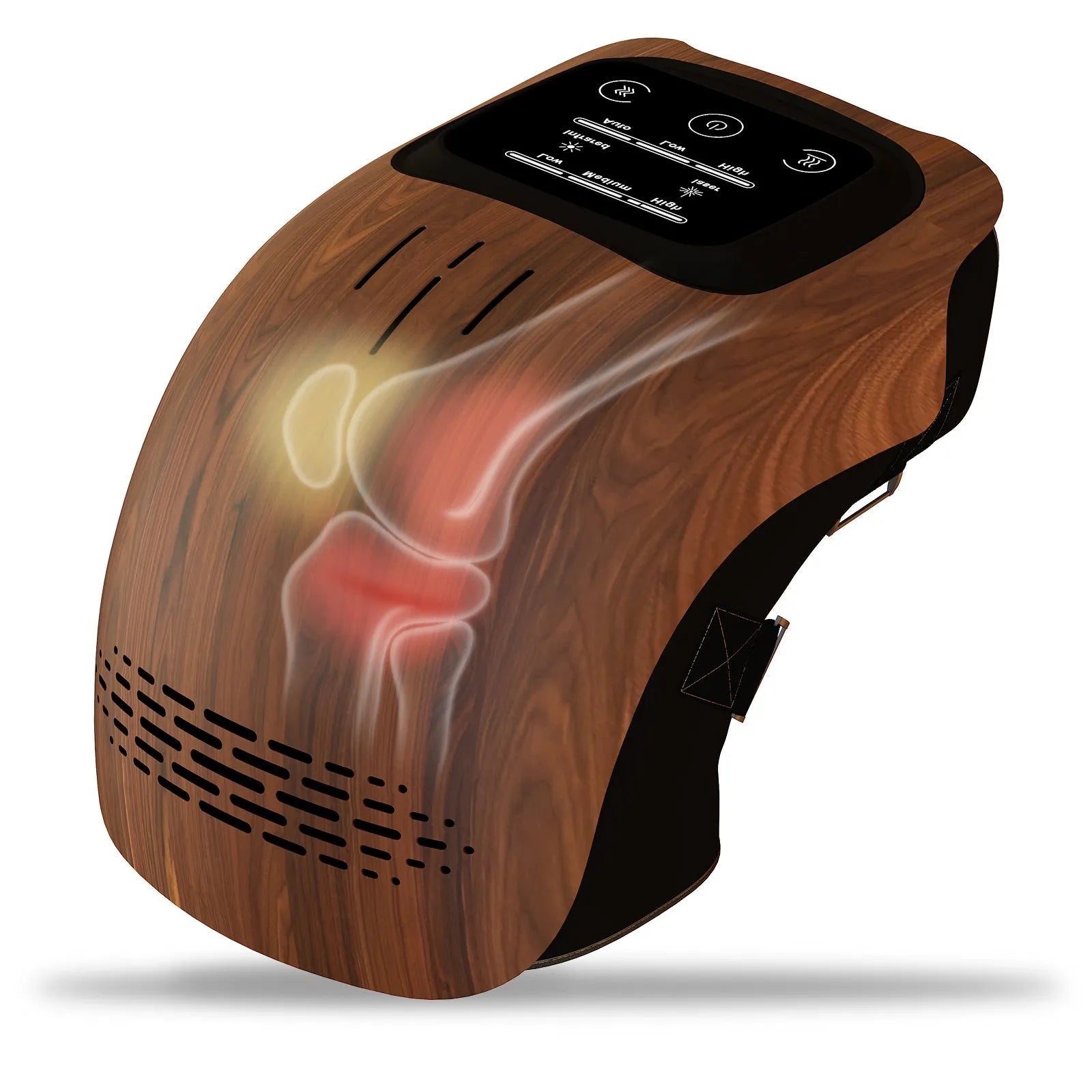 White electric knee massager with adjustable straps showing infrared heating and kneading mechanisms