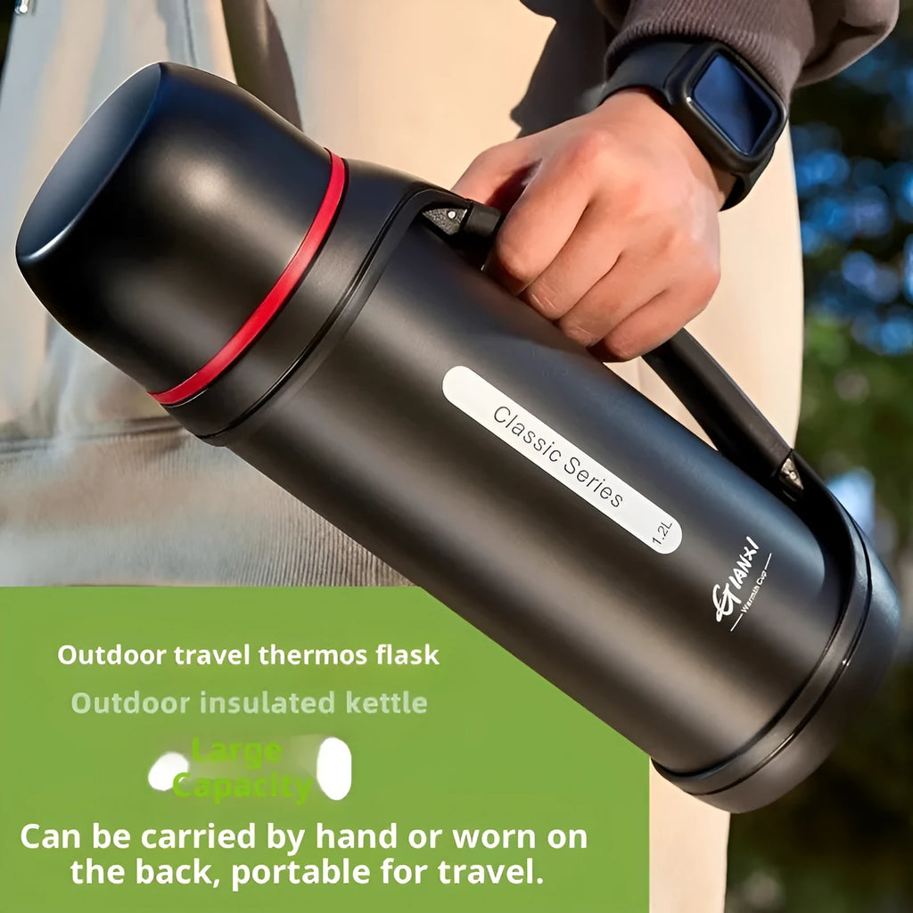 1200ml stainless steel insulated travel mug with double lid in black green or natural colour