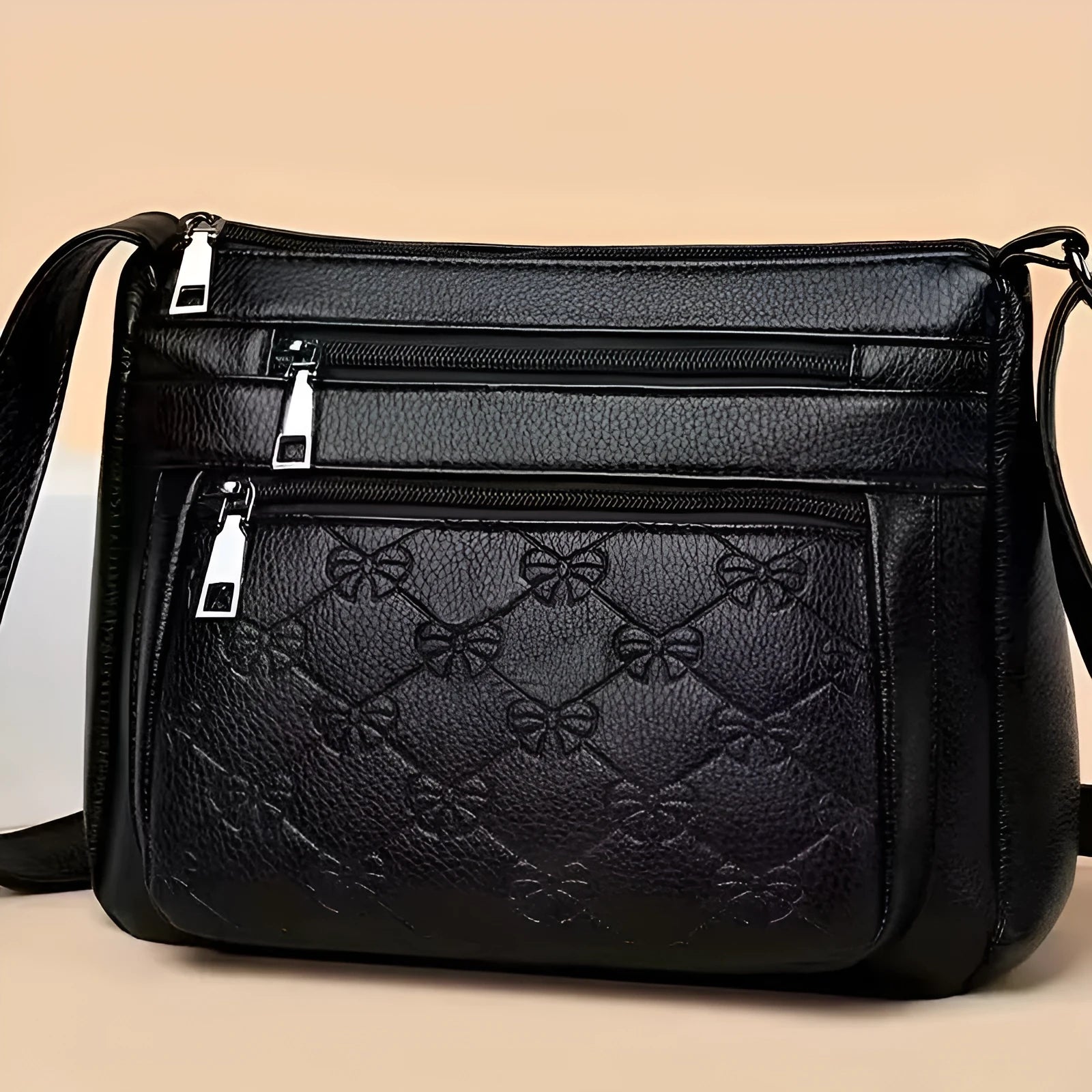 Butterfly black women's crossbody shoulder bag with embossed PU leather and interior mobile phone pocket