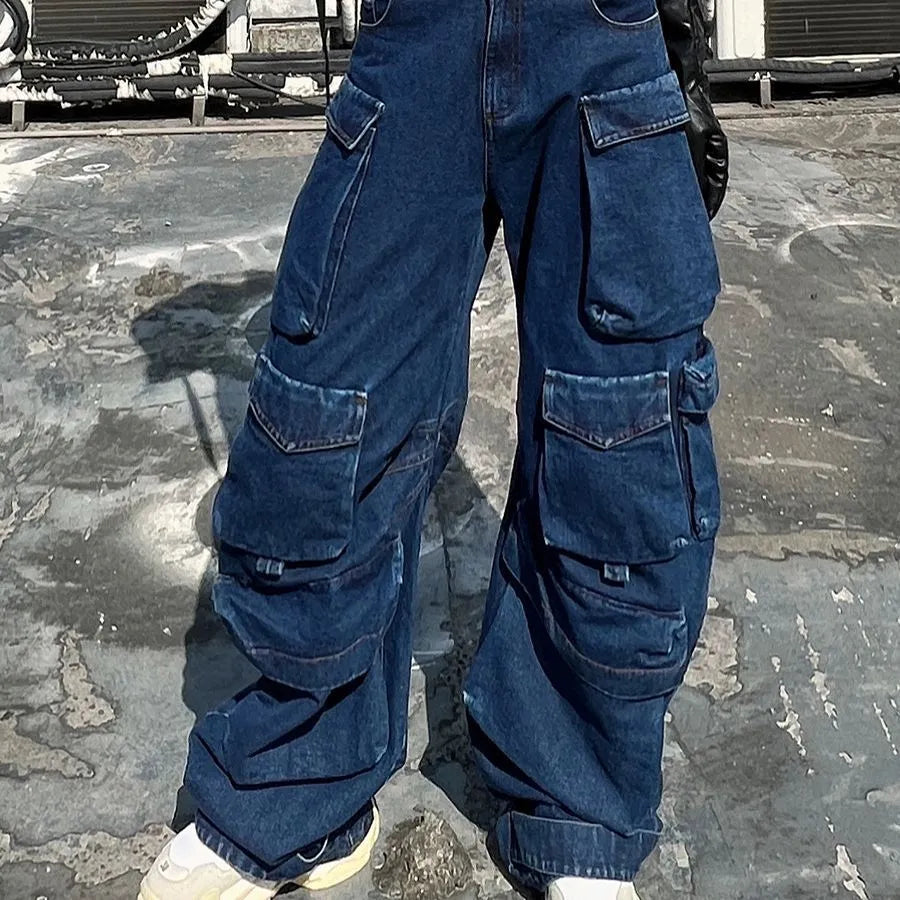 Dark blue distressed wide-leg jeans with high waist and multiple pockets