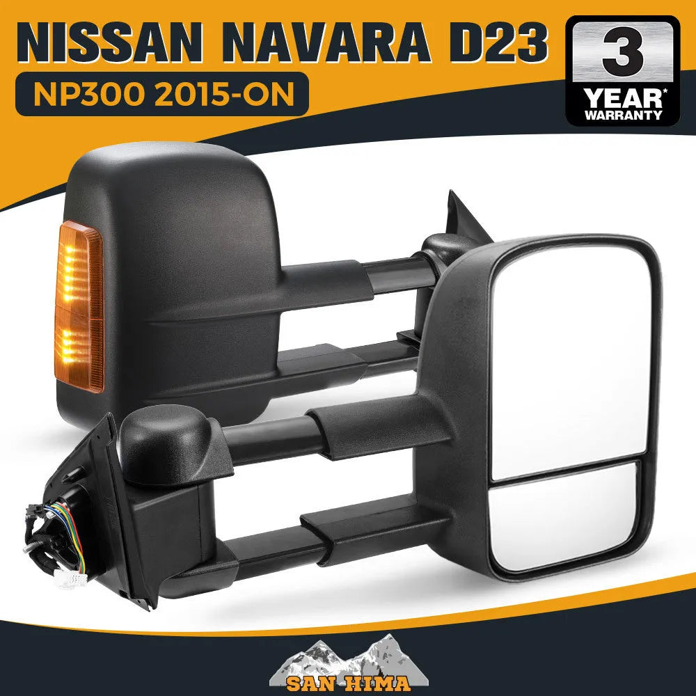 Black electric exterior rear view mirror for Nissan NP300 D23 2015+ with large vision glass and light.