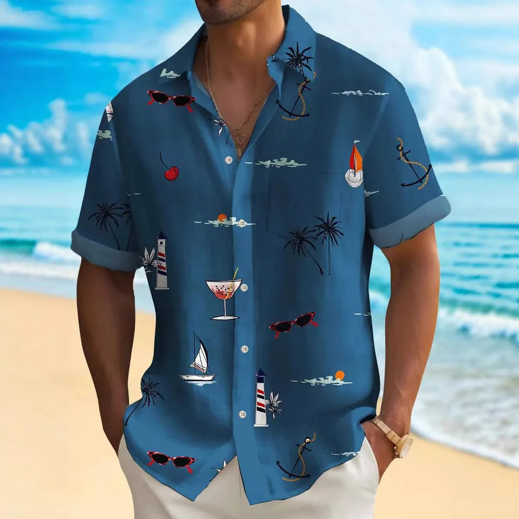 Men's loose fit Hawaiian shirt with digital print pattern in polyester fabric.