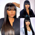 Straight fringe human hair wig on a mannequin head, showing star fashion style and full-mechanism cap.