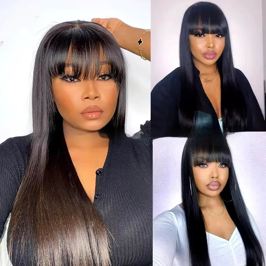 Straight fringe human hair wig on a mannequin head, showing star fashion style and full-mechanism cap.