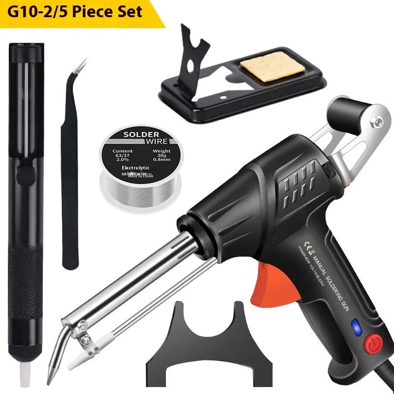 G102 soldering gun kit with light, black alloy construction, 5-piece set for electronic repair work