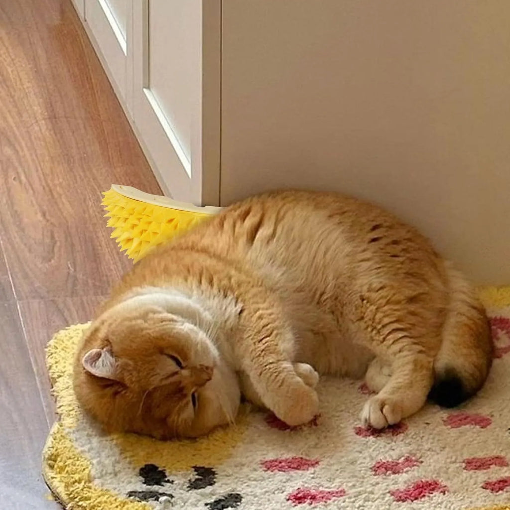 Yellow durian-shaped cat corner scratcher and massage comb toy with adhesive backing