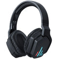 Luminous black wireless head-mounted stereo headphones with ear cups and headband on a grey background.