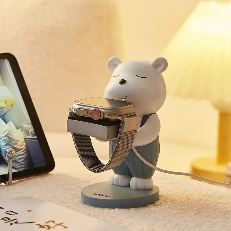 Cartoon baby bear resin watch charger bracket with square support base for bedside table or desk