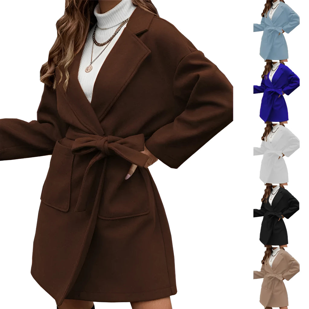 Brown minimalist long sleeve casual coat with lapel, buttons, and a split waist belt on a hanger.