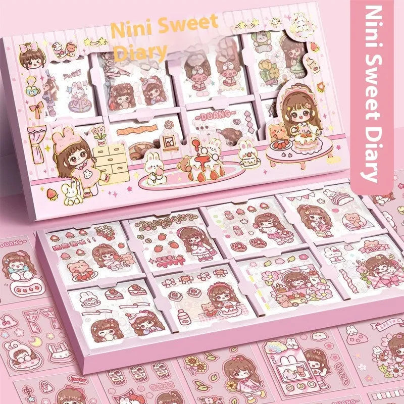 Box containing five sheets of children's stickers with cute themed designs