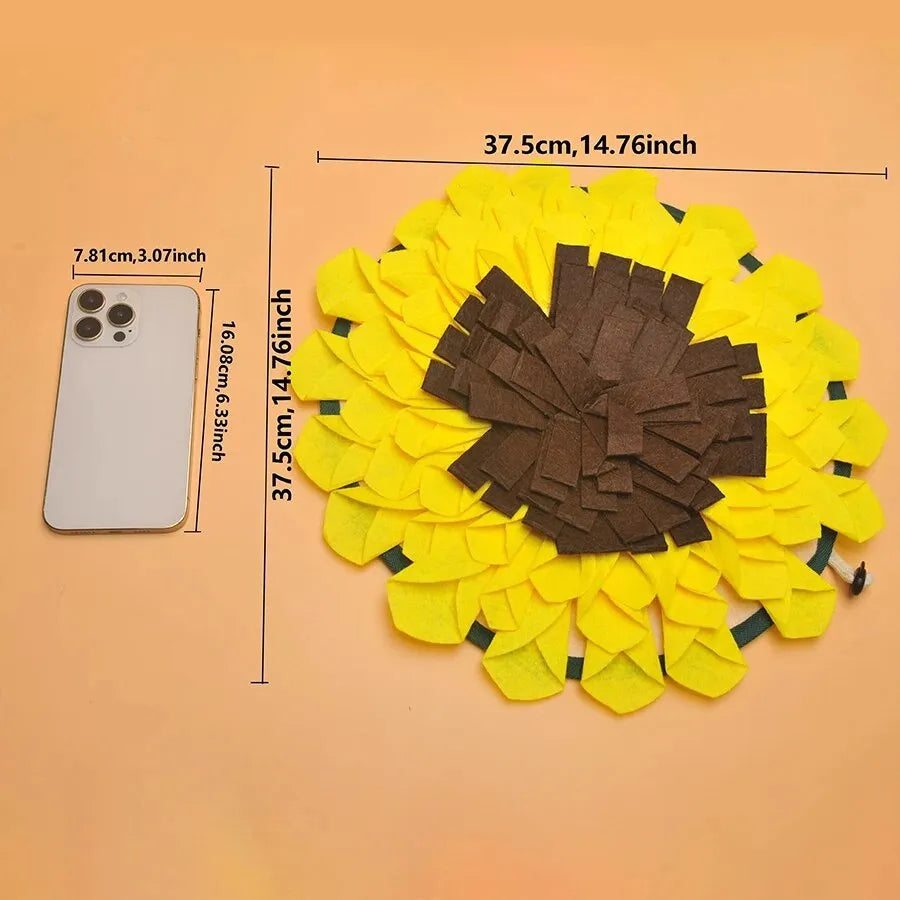Yellow sunflower-shaped dog snuffle mat with rope attachment for nosework training