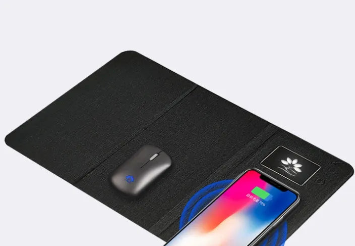 Folding wireless charging mouse pad set with luminous features and wireless mouse on desk