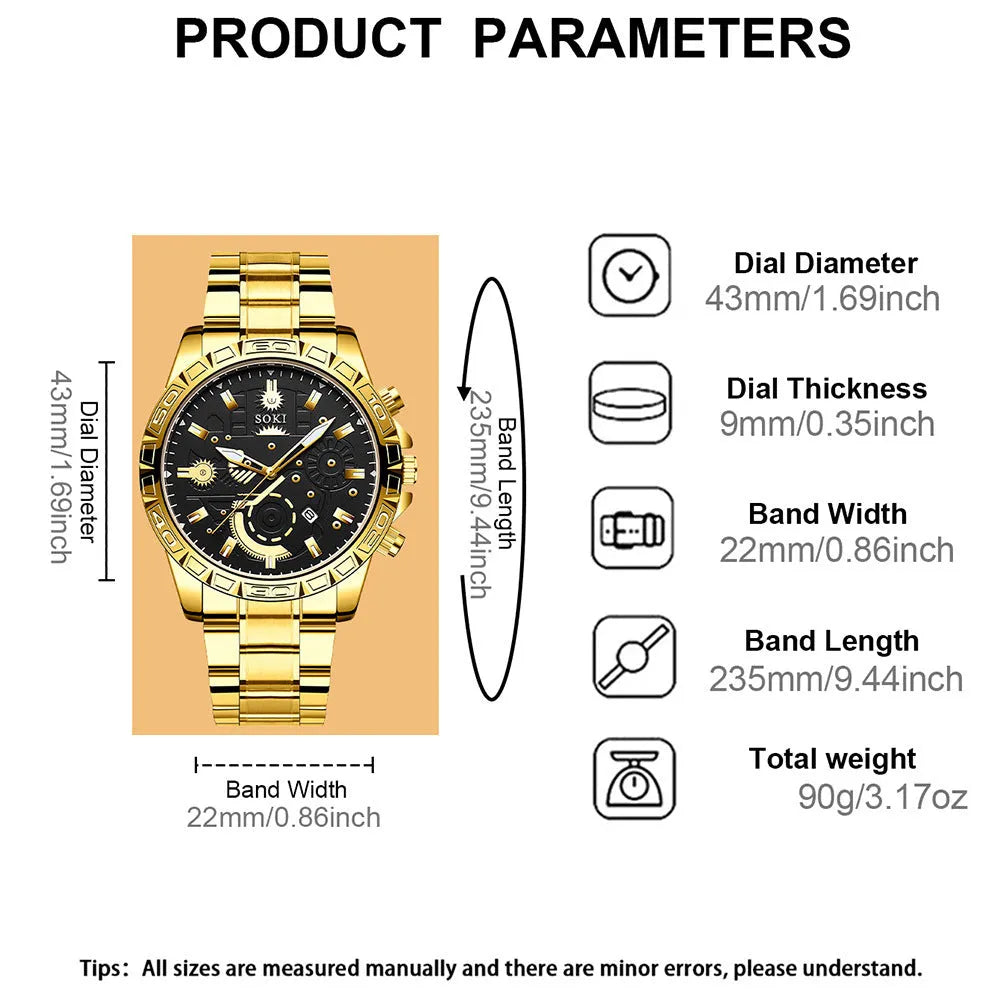 Men's gold stainless steel business quartz watch with calendar on steel bracelet