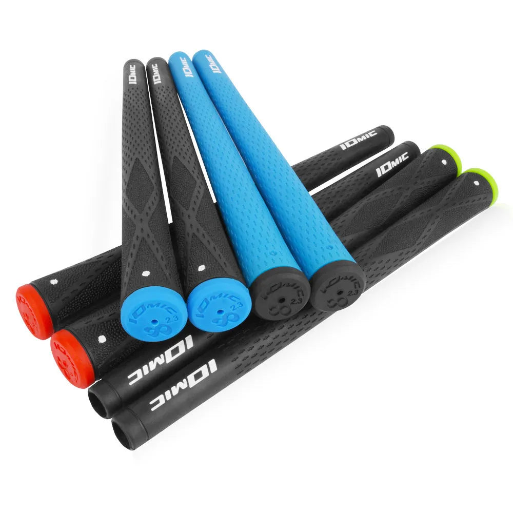 TPE golf club grip shown in multiple colour options including pink, red, blue, white, and black with red, green, or blue head.