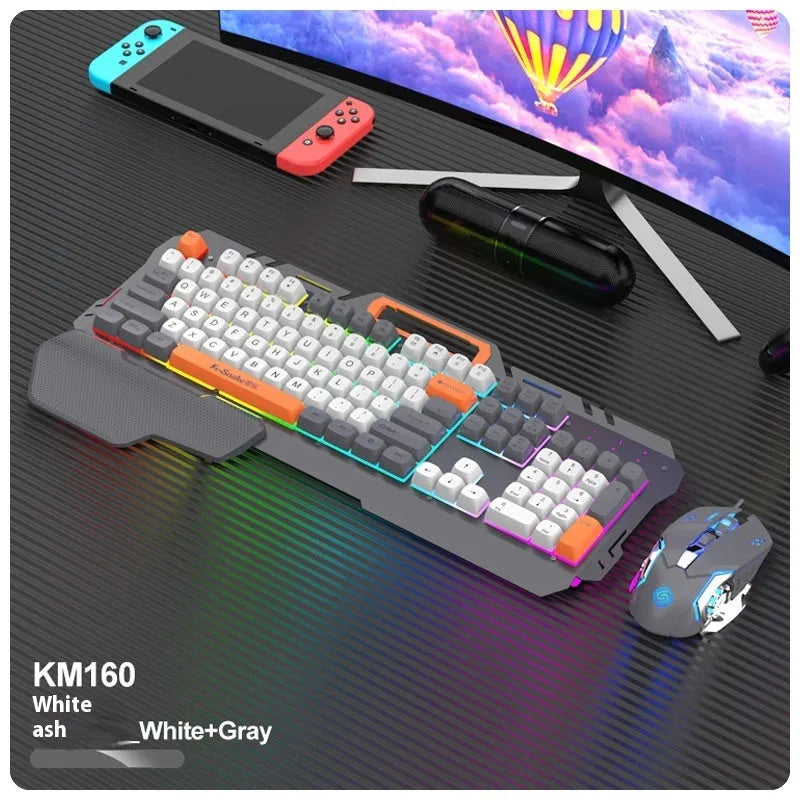 Blue wired gaming keyboard and mouse set with 1.5 metre cable on desk
