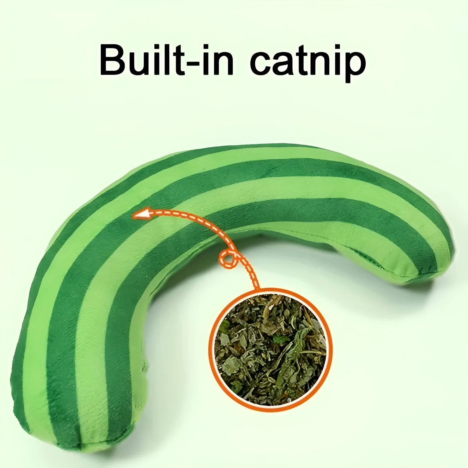 Striped pattern cat pillow toy with noise maker and catnip filling measuring 23cm by 20cm