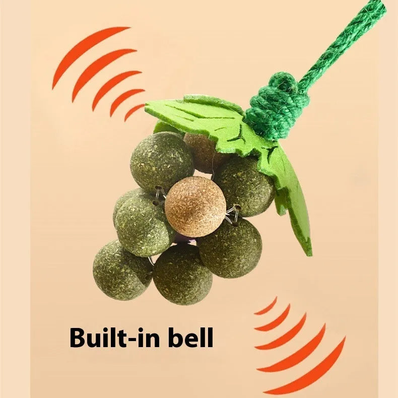 Cotton thread grape cluster cat teaser molar toy in mint, insect gall fruit, or mixed flavour
