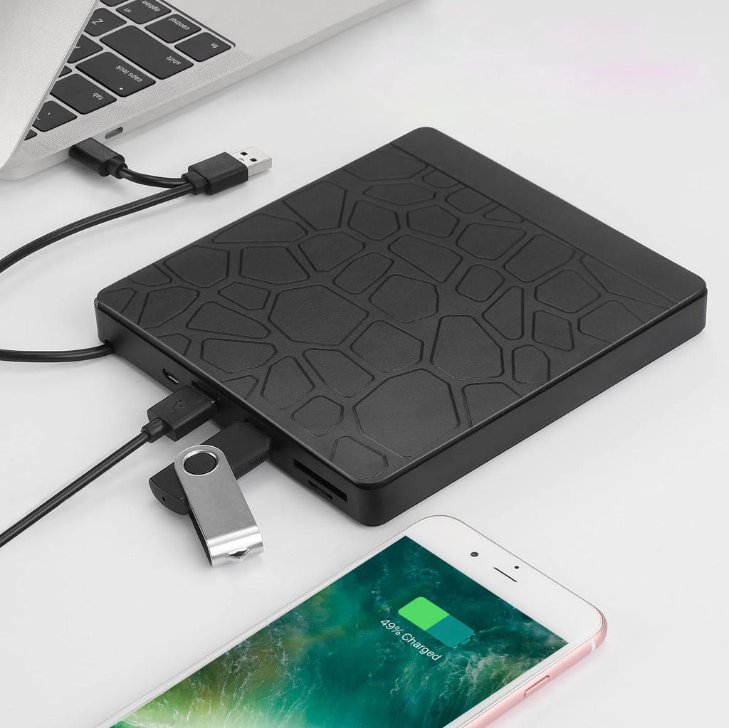 Black 5-in-1 external optical drive with dual interface, 15.4x14.3x1.8cm, for laptop and desktop CD DVD reading and recording