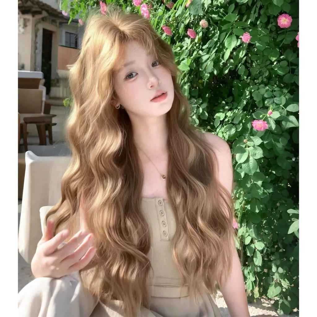 Linen brown synthetic wig with medium length curly style and included hair net
