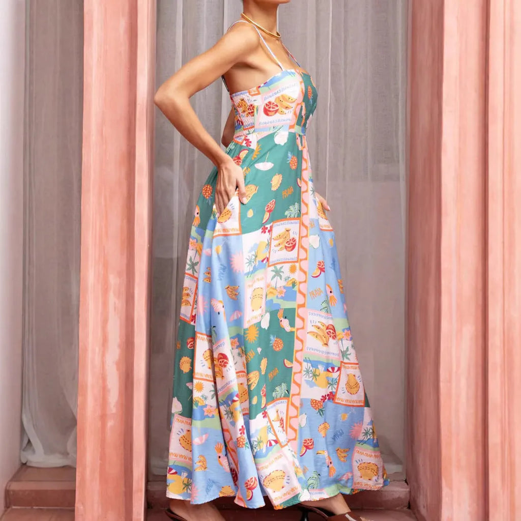 Green printed flared strap long sleeveless polyester dress for women