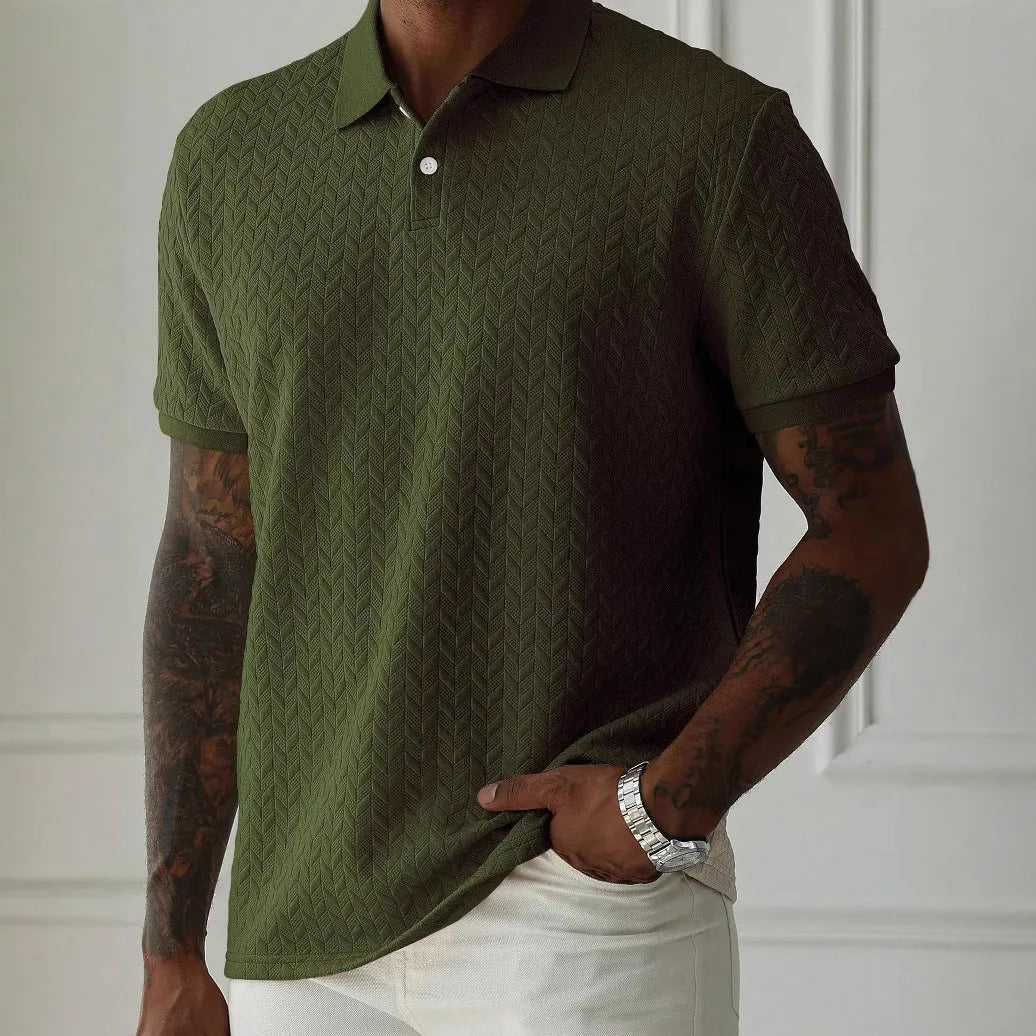 Men's solid colour short-sleeved polo shirt with collar, polyester, available in five colours and sizes S to 2XL.
