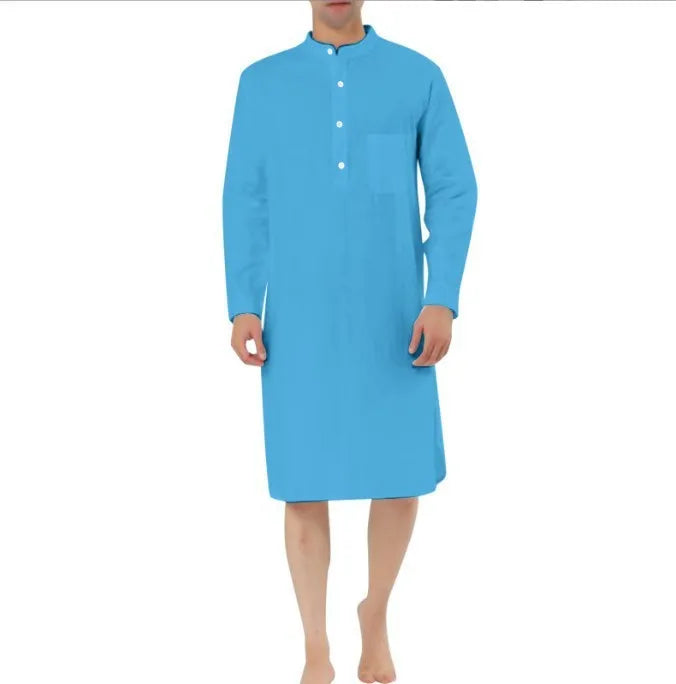 Men's cotton shirt robe shown in one of nine colours, featuring a simple pocket and shirt-length design.
