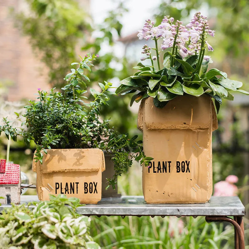 Cement brown paper box flowerpot with drainage holes for indoor balcony planting in Nordic style