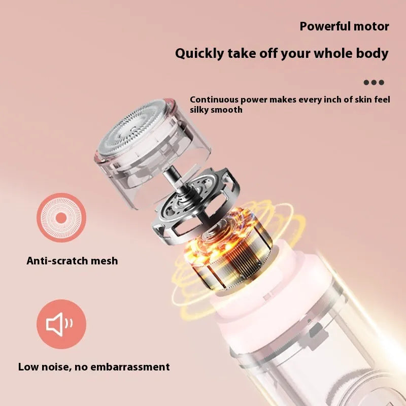 Pink and white portable electric body hair trimmer with USB cable and floating blade depilator