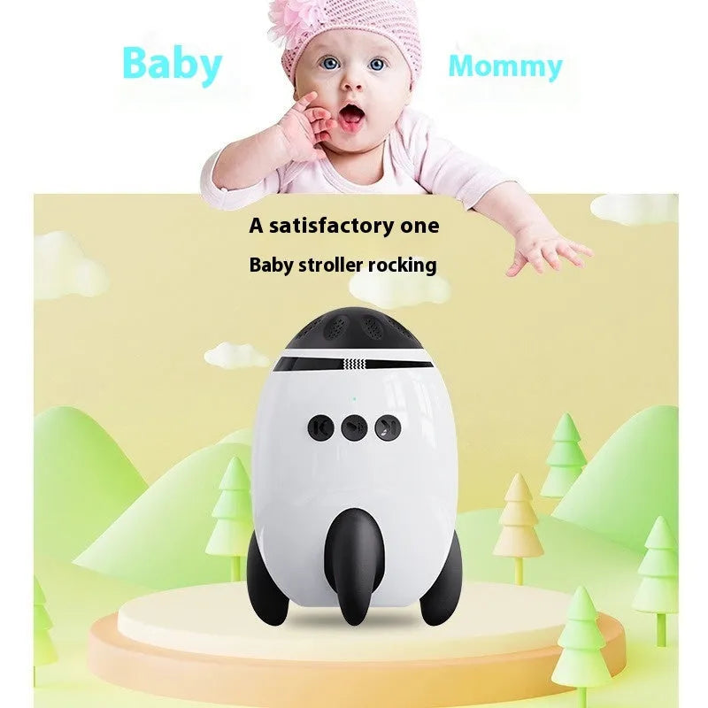 White portable baby stroller shaking device with interactive toys for infant sleep and comfort.