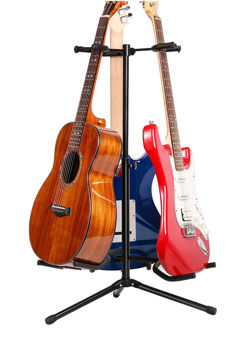 Black iron vertical double-headed folding guitar stand holding two guitars.