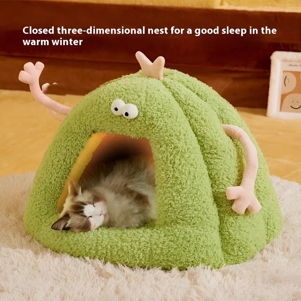 Monster-shaped semi-enclosed cat kennel in PP cotton bubble velvet, yellow purple or green, sizes M and L
