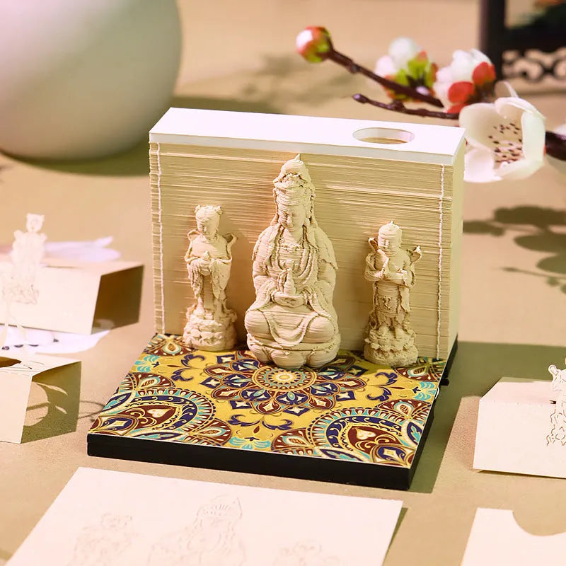 3D paper carving calendar with Guanyin Bodhisattva, Wealth Boy, Seated Lotus design, 2026 English calendar, light version, retro style, notepad