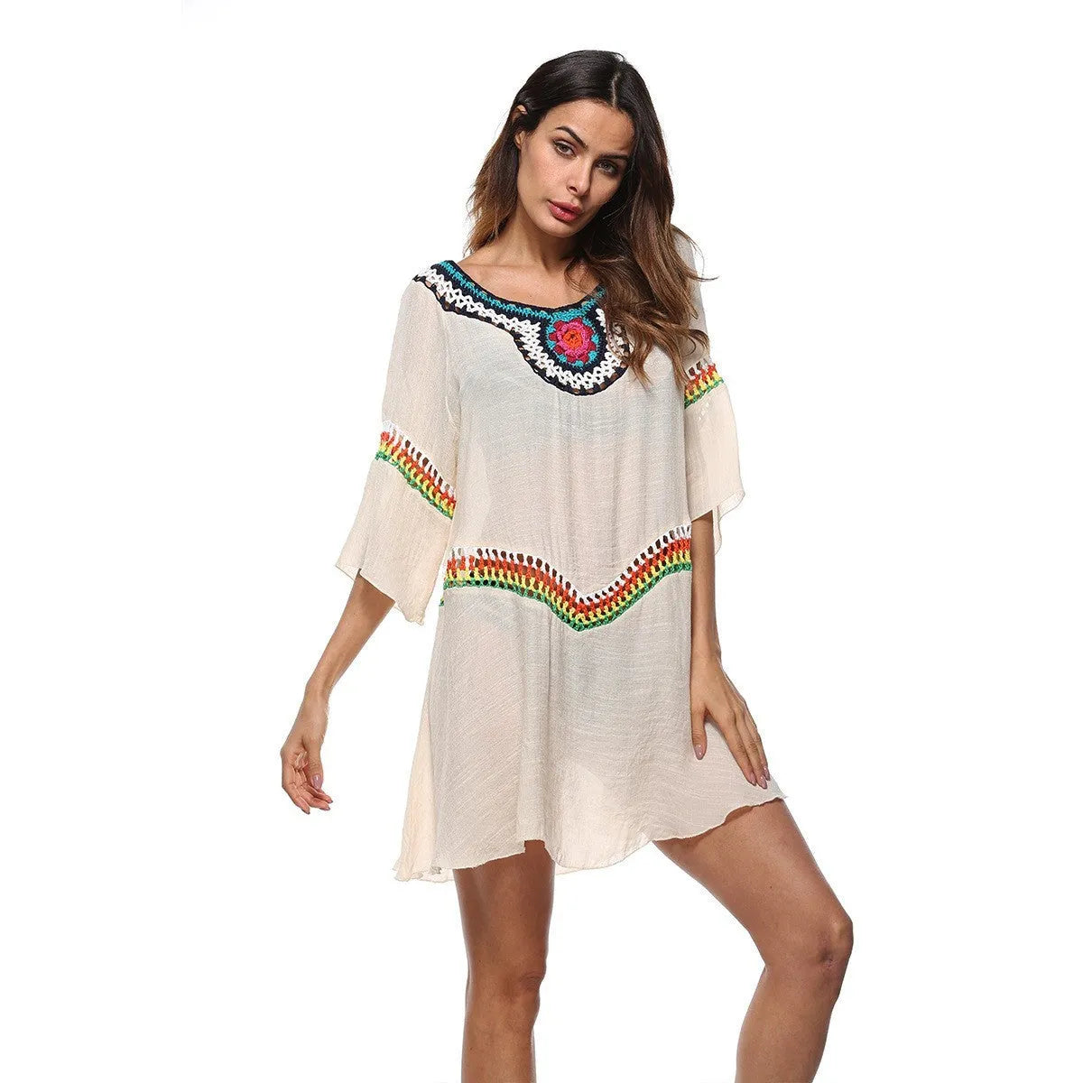 Crocheted ethnic style beach sun protection cover-up for women in acrylic fabric