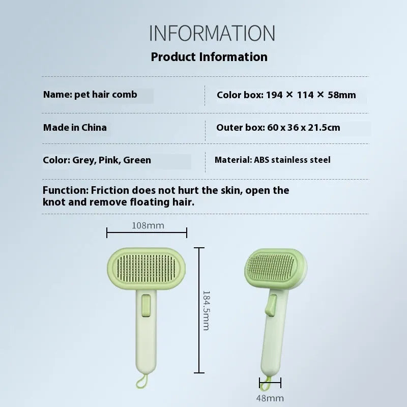 Large pet grooming comb with one-click float detangler in light green, pink, or light grey for cat and dog hair removal