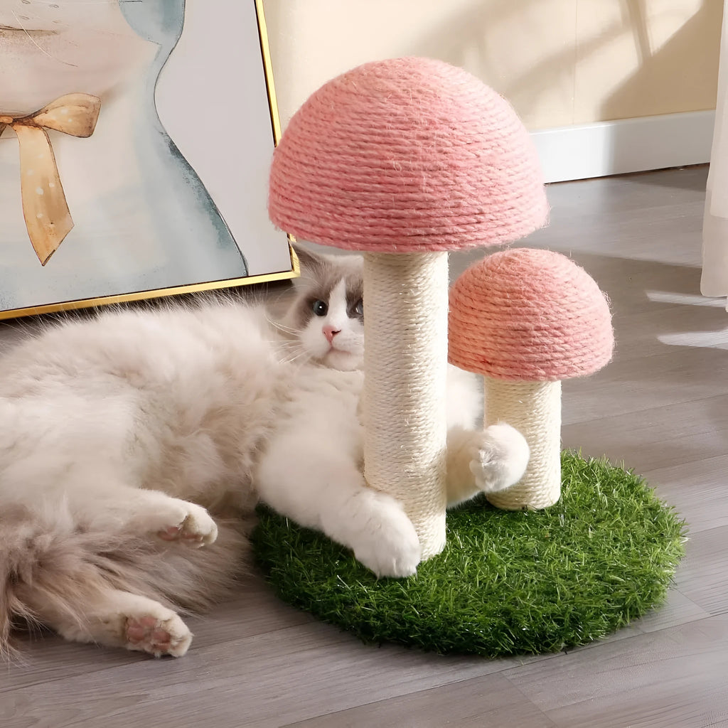 Pink mushroom-shaped cat scratching post with natural sisal scratching surfaces for kittens.