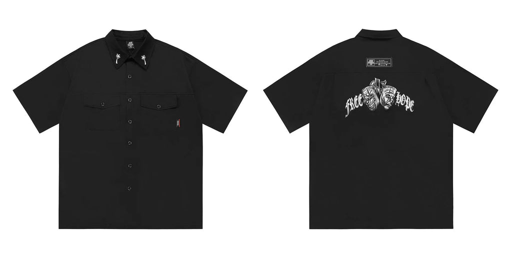 Men's black cotton blend half sleeve shirt with embroidered detailing and pocket