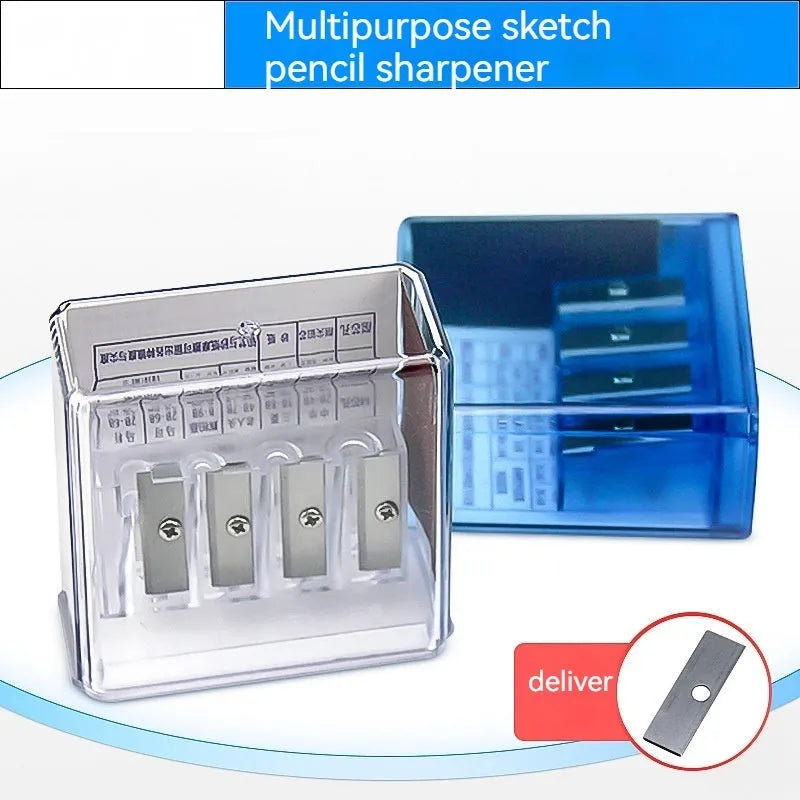 Geometric plastic pencil sharpener with four holes and maintenance screwdriver for art sketching