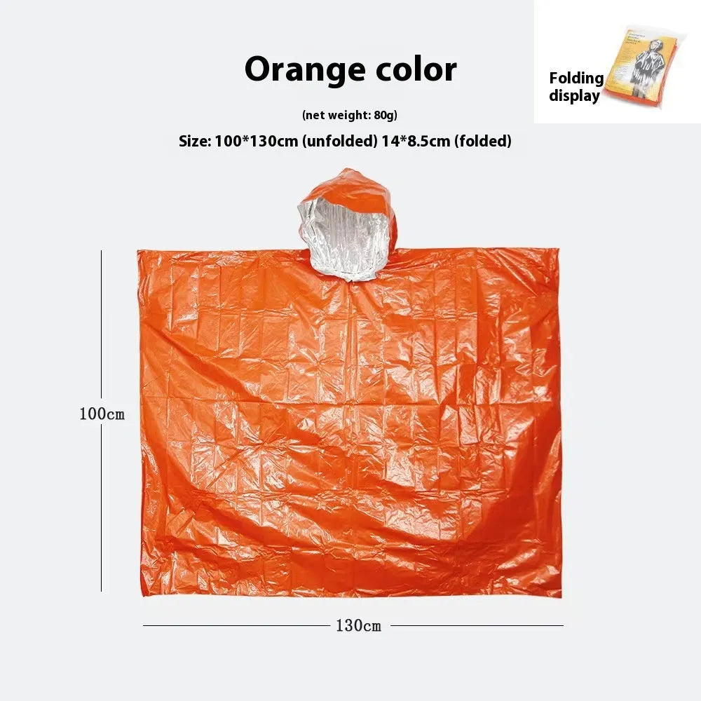 Marathon Wild orange and army green cross-country rain poncho laid flat, showing its 100cm by 130cm size.