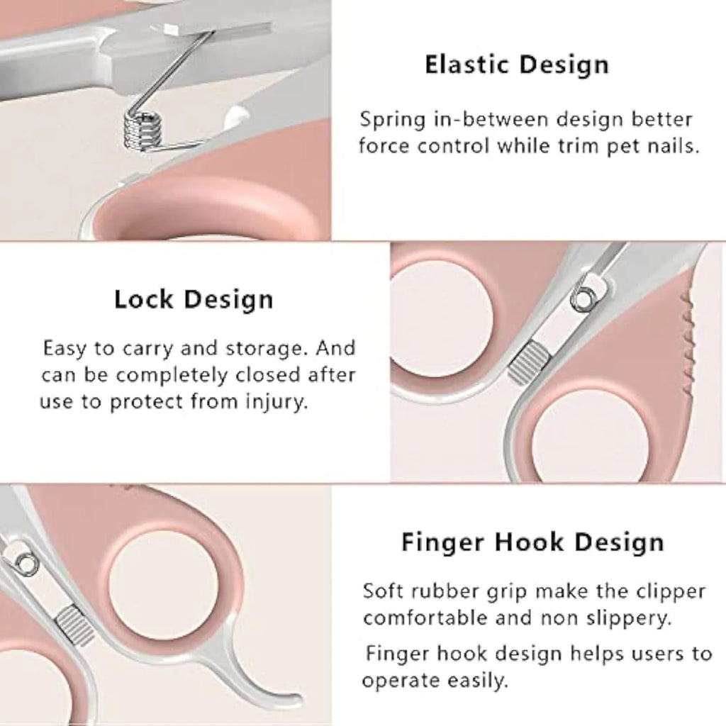 Grey and pink cat nail clippers with angled blade and safety guard for small pets.
