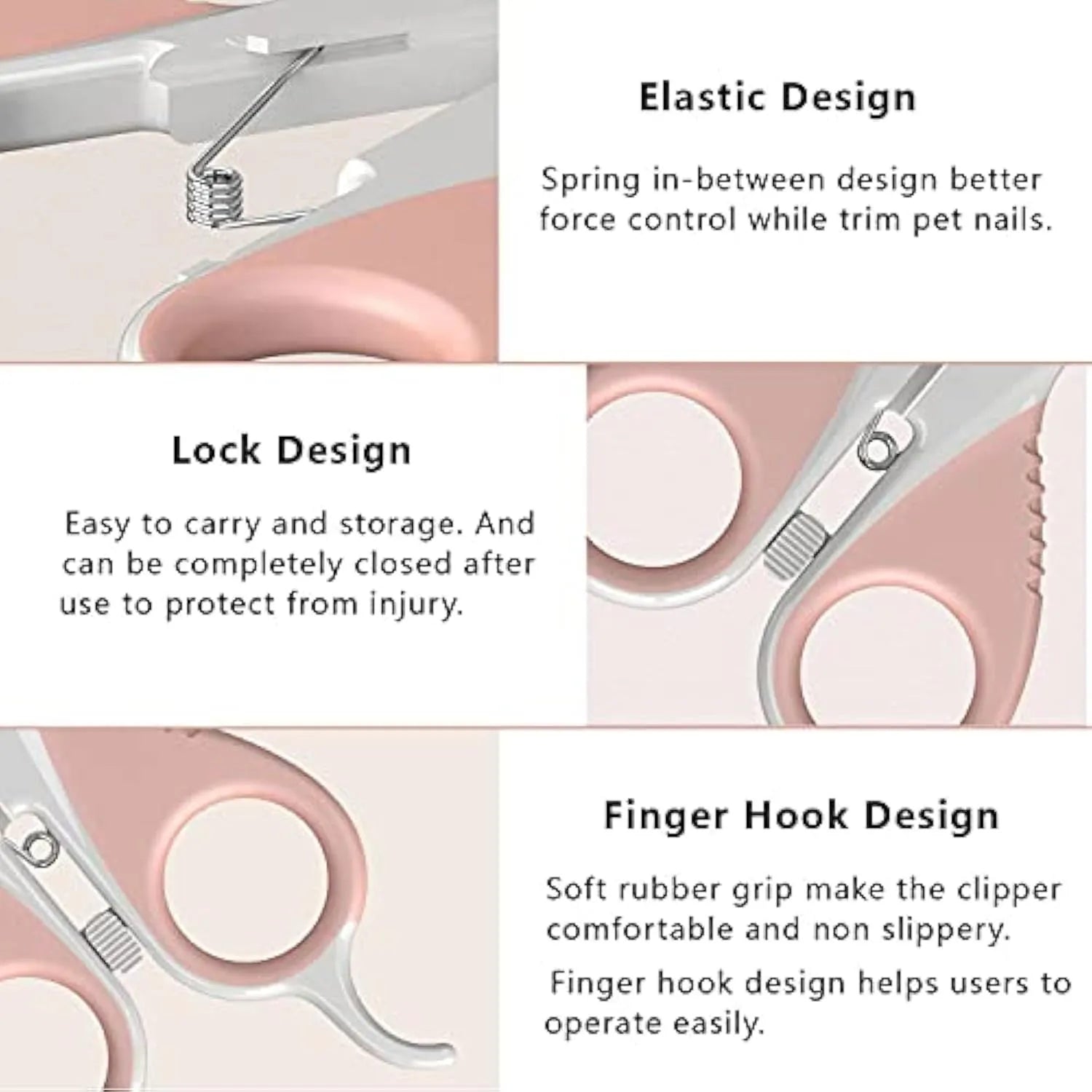 Grey and pink cat nail clippers with angled blade and safety guard for small pets.