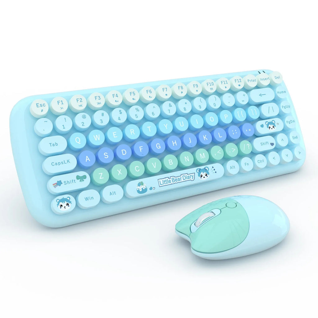 Candy pink wireless keyboard and mouse set with USB receiver on a desk