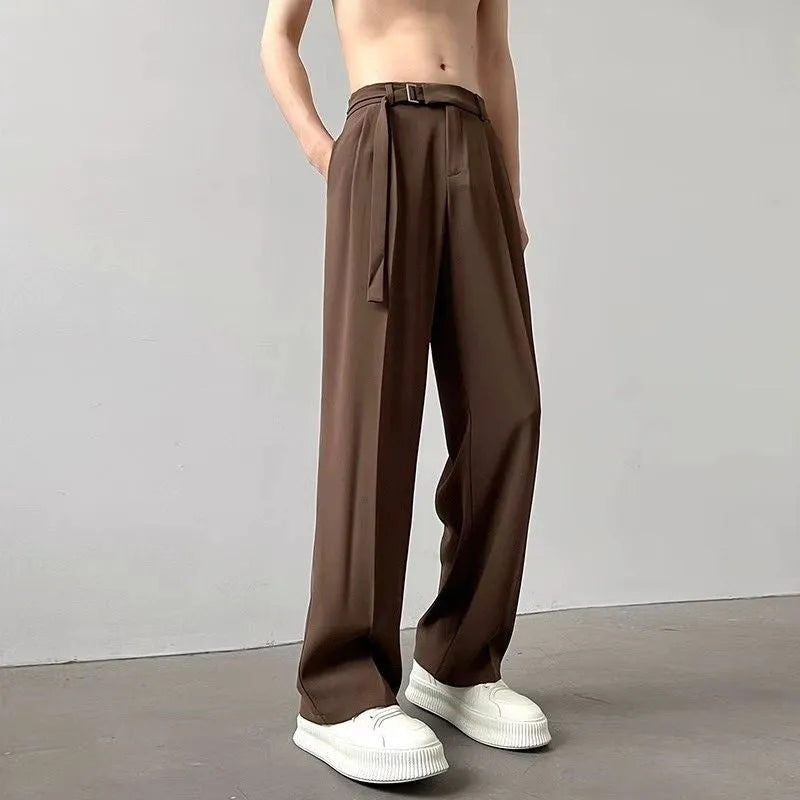 Thin straight black wide leg trousers with loose fit and straight leg opening