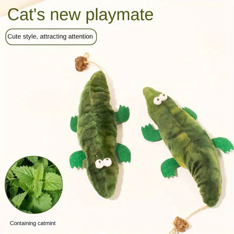 Green plush alligator shaped cat toy with catnip and peppermint for oral cleansing and stress relief