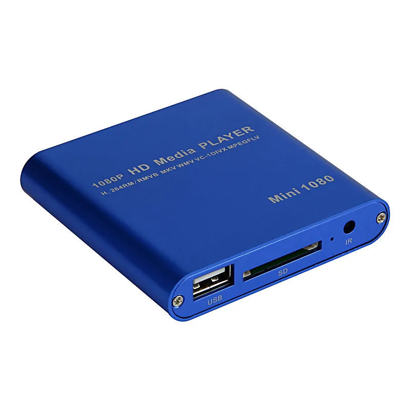 Blue and black 1080p HDMI media player for SD cards, USB drives, and external hard drives