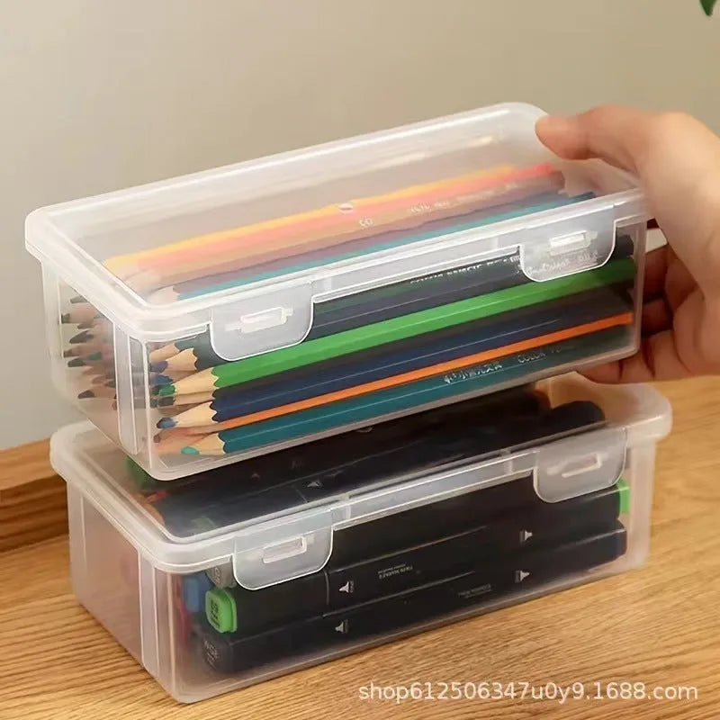 Transparent plastic stationery storage box for pencils, crayons, and drawing tools