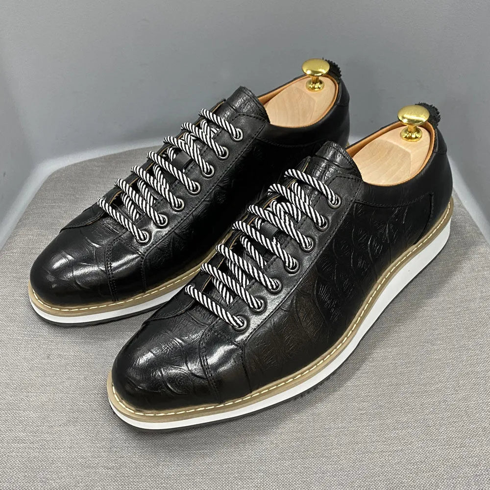Men's handmade low-top canvas shoes with embossed pattern and front lace-up closure in multiple colours