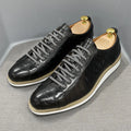 Men's handmade low-top canvas shoes with embossed pattern and front lace-up closure in multiple colours
