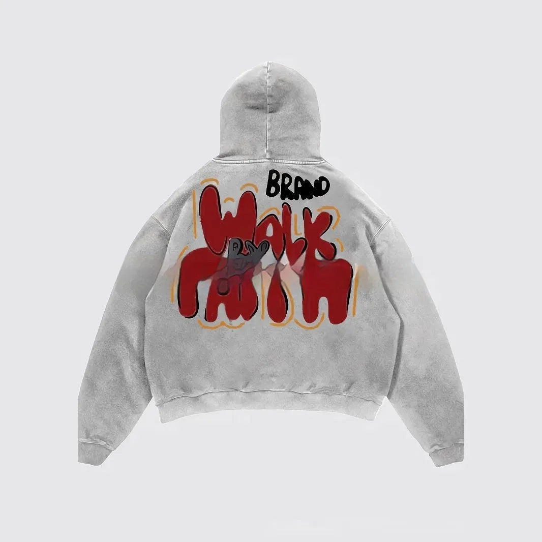 Women's granny grey hoodie with vintage character print, hood, and front pocket.